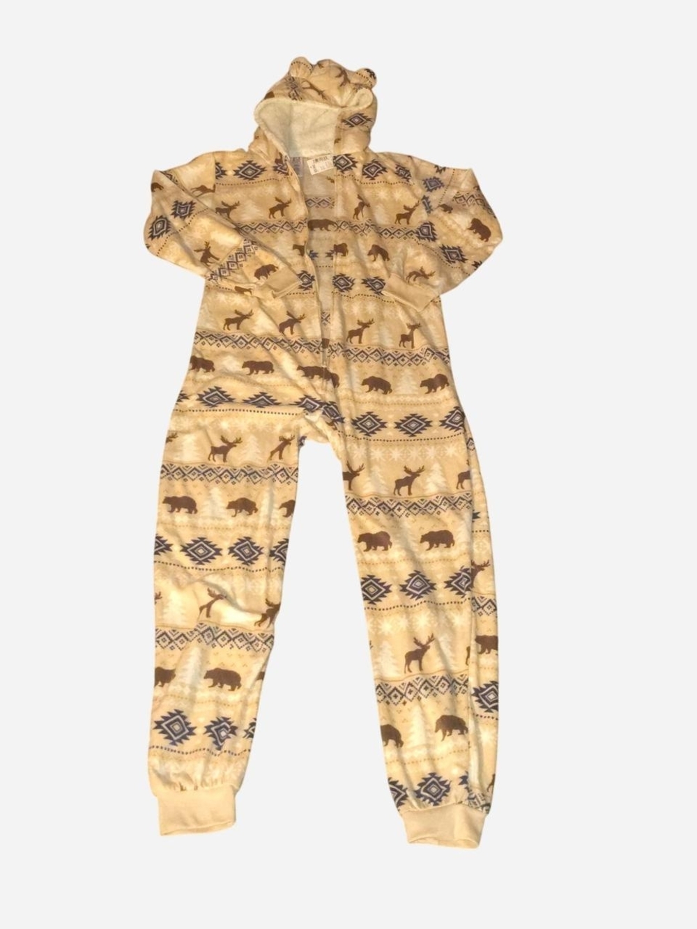 PJ Place Cream and Brown Fleece Animal-Print Hooded One-Piece